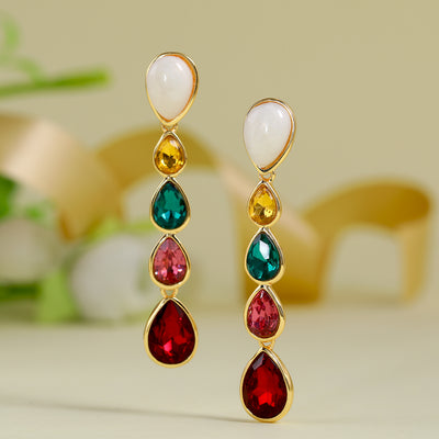 Estele Gold Plated Multicolour Gemstone Crystals Drop Earrings