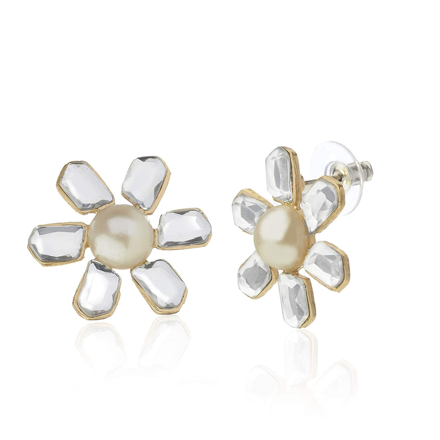 Estele Mirror kundan with white pearl flower petal studs for women