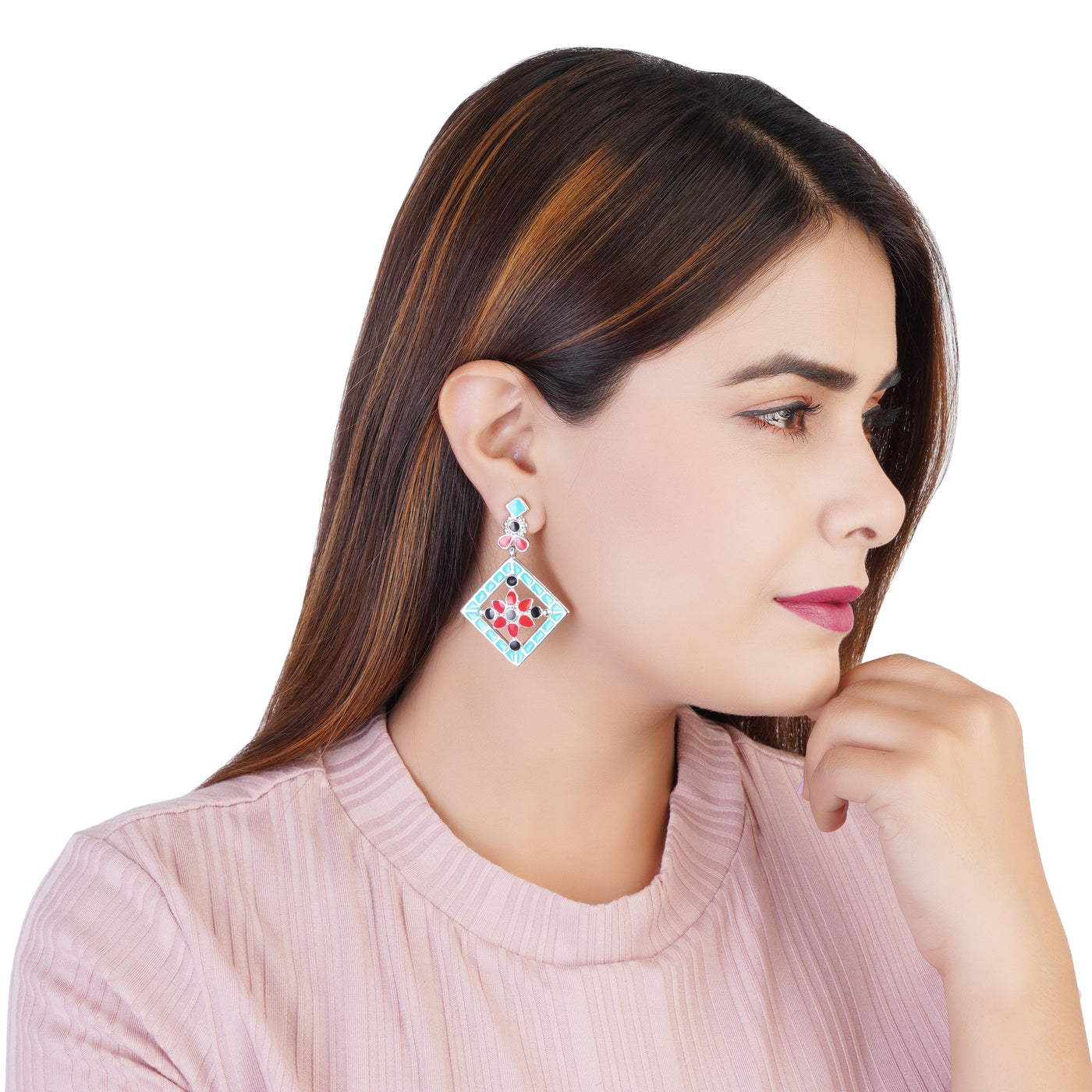 Estele - Oxidised Silver Tone Plated fancy Multicolor geometric pattern hanging earring