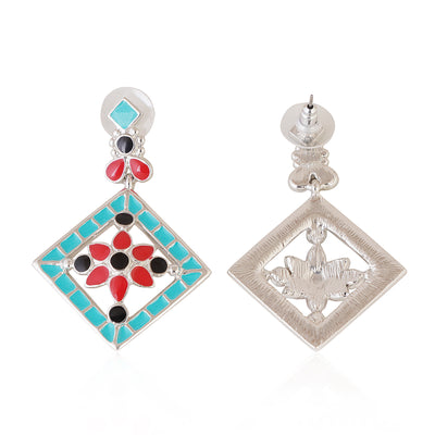 Estele - Oxidised Silver Tone Plated fancy Multicolor geometric pattern hanging earring