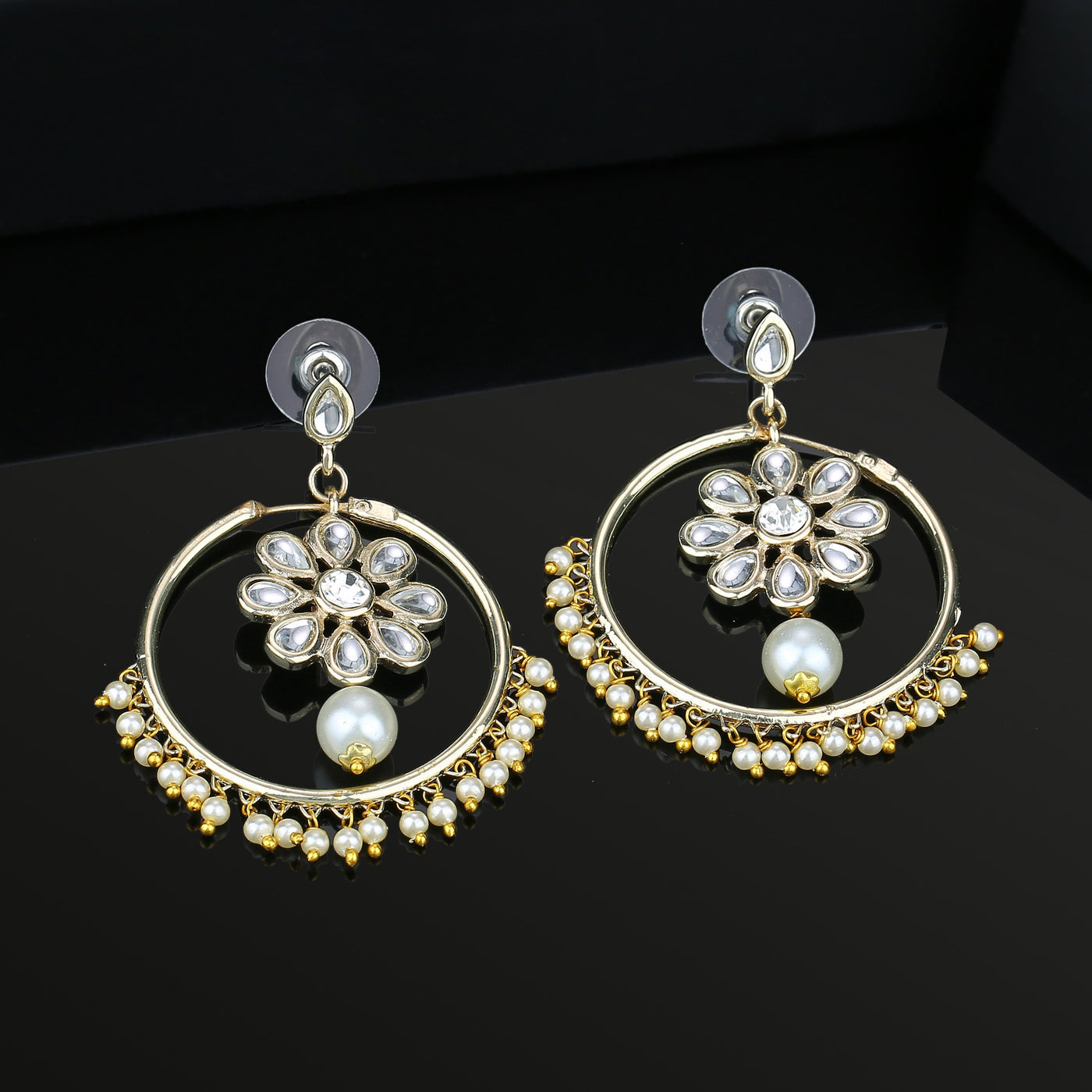 Estele Gold Plated Traditional Chandbali Earrings with Pearl & Kundan for Women