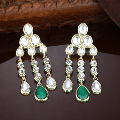 Traditional Long Kundan Chandelier Earrings with green stone