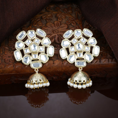 Estele Gold Plated Ethnic Flower Kundan Jhumki Earrings For Women