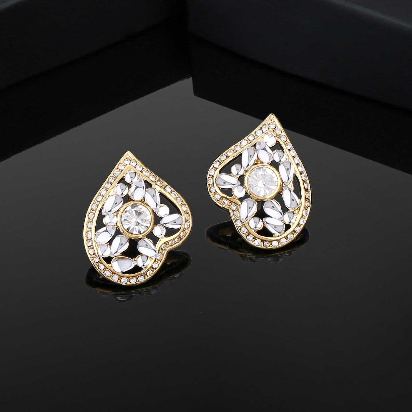 Estele Gold Plated Leaf Shaped Stud Earrings with Kundan for Women