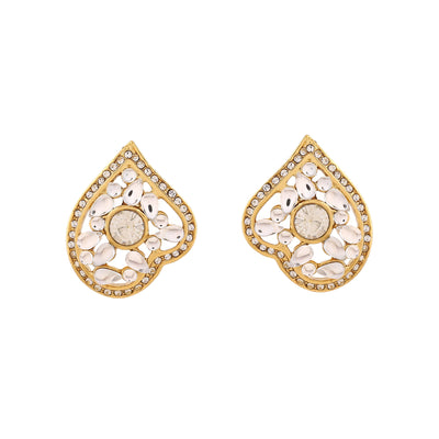 Estele Gold Plated Leaf Shaped Stud Earrings with Kundan for Women