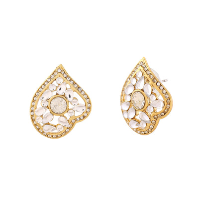 Estele Gold Plated Leaf Shaped Stud Earrings with Kundan for Women