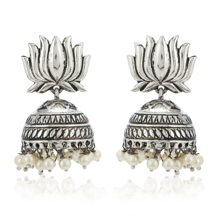 Estele Oxidized Silver Tone Plated Lotus Shape with White beaded Kashmiri Jhumka Earrings