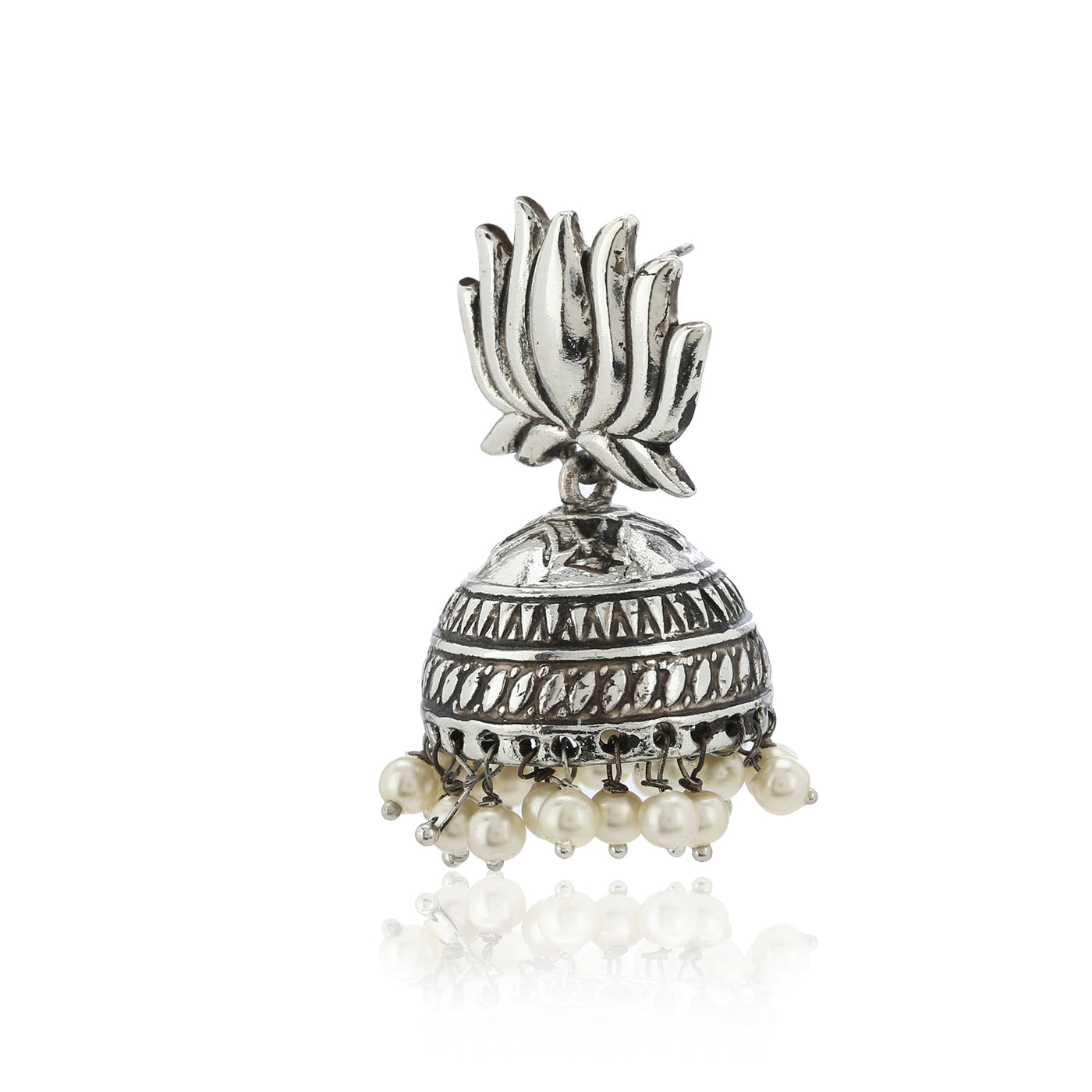 Oxidized Silver Tone Plated Lotus Shape with White beaded Kashmiri Jhumka Earrings