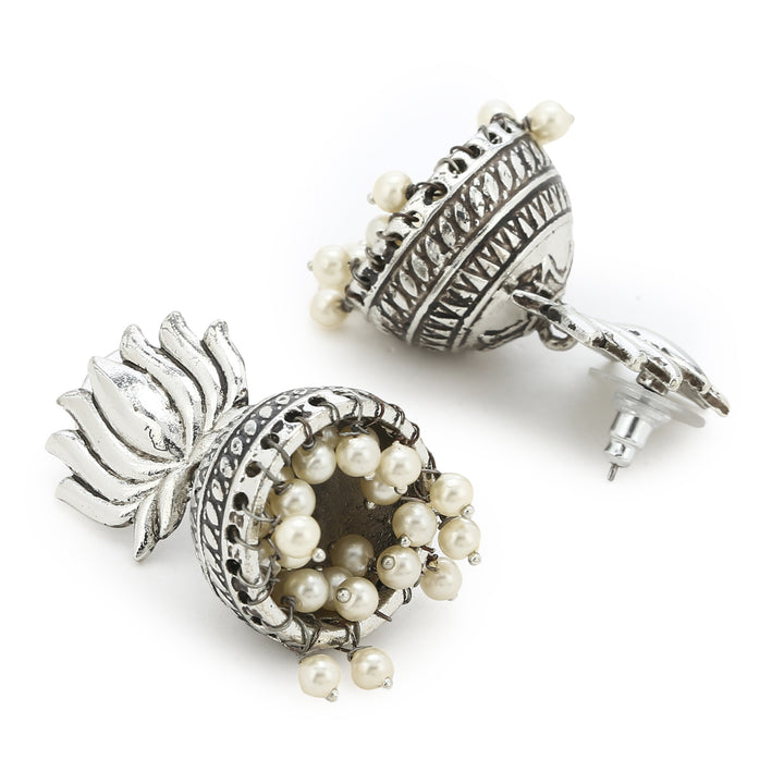 Estele Oxidized Silver Tone Plated Lotus Shape with White beaded Kashmiri Jhumka Earrings