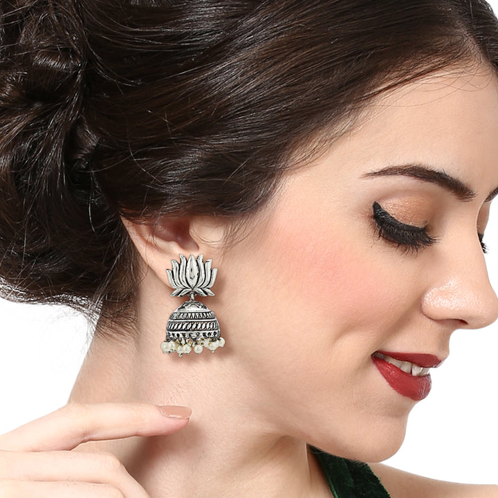 Estele Oxidized Silver Tone Plated Lotus Shape with White beaded Kashmiri Jhumka Earrings