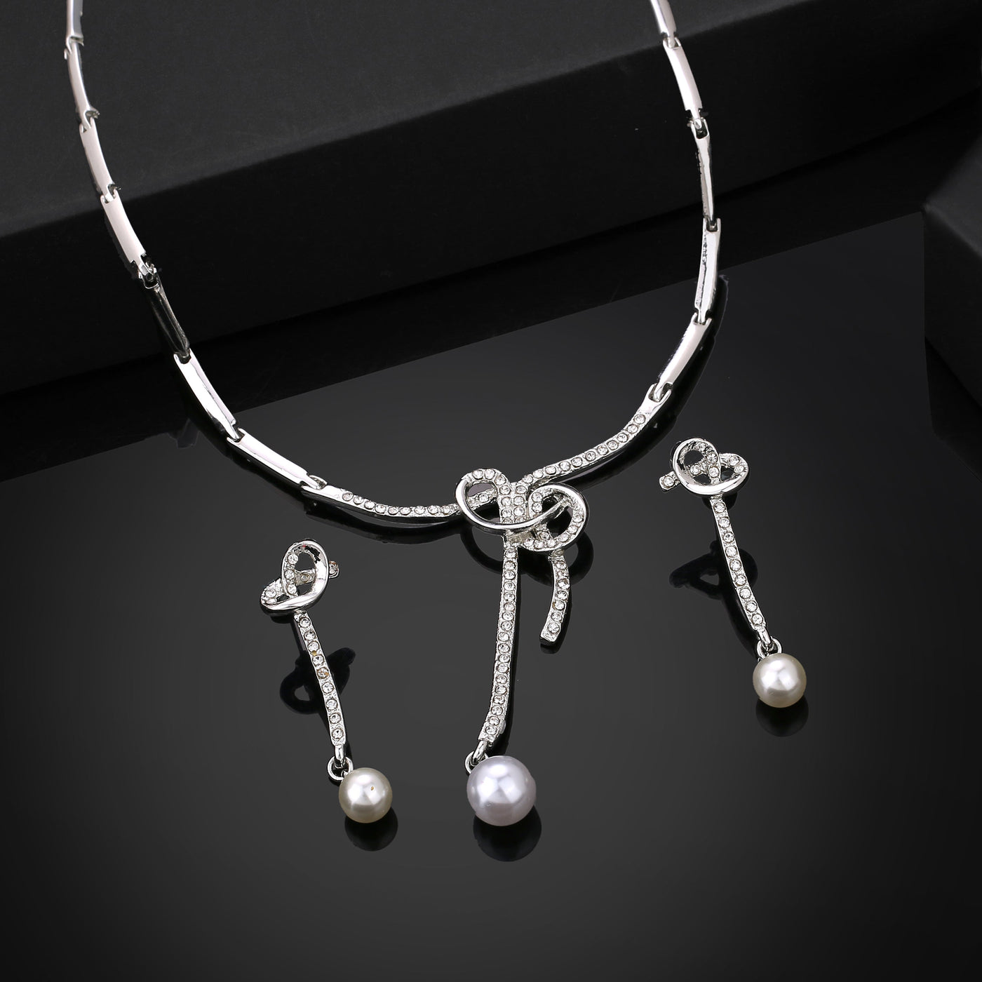 Estele Rhodium Plated Beautiful Bowline Necklace Set with Crystals for Women