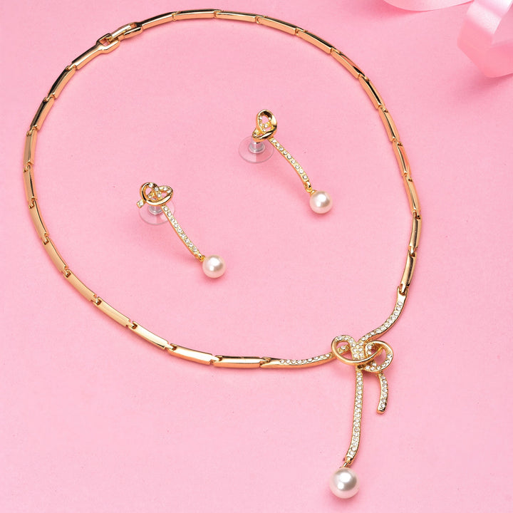 Estele Gold Plated Beautiful Bowline Necklace Set with Pearl for Women