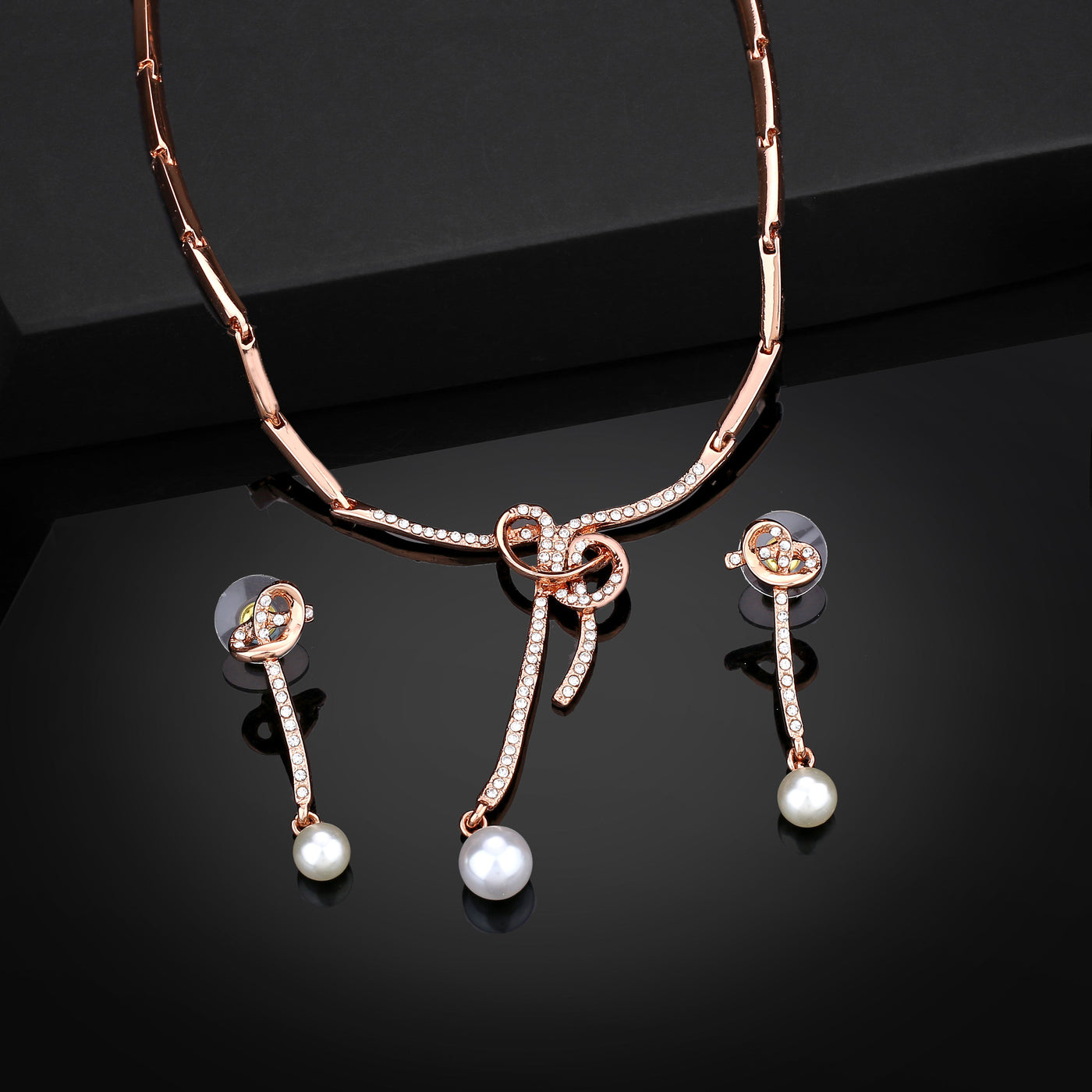 Estele Rose Gold Plated Beautiful Bowline Necklace Set with Crystals for Women