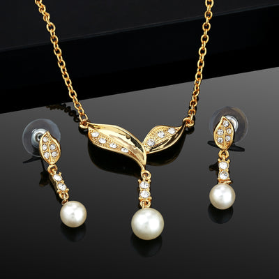 Estele Gold Plated Fancy Necklace Set with Pearl Drop and Austrian Crystals for Women / Girls