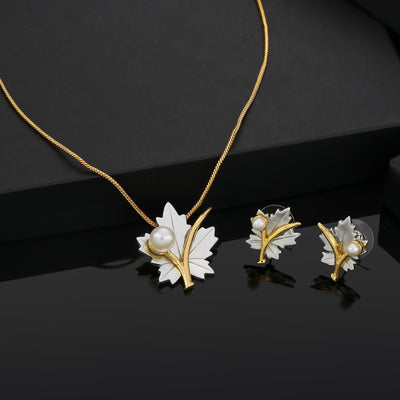 Estele Gold & Rhodium Plated Maple Leaf Designer Necklace Set with Pearl for Women