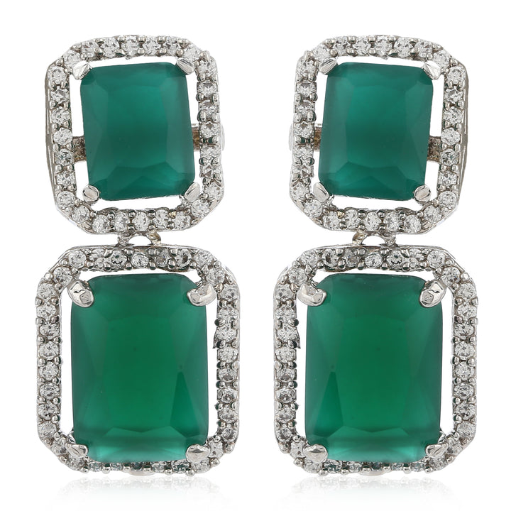 Estele Rhodium Plated Aster Green emerald stones Earrings