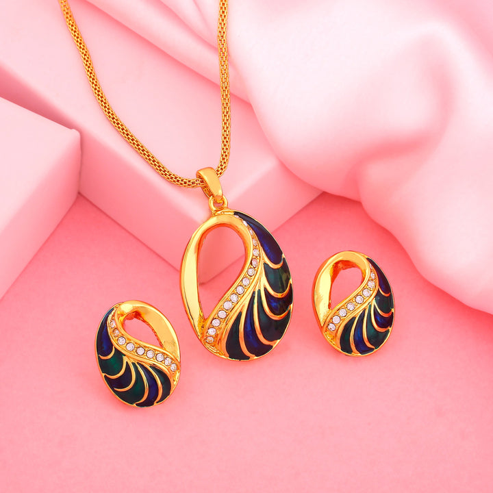 Estele Gold Plated Oval Designer Necklace Set with Crystals for Women