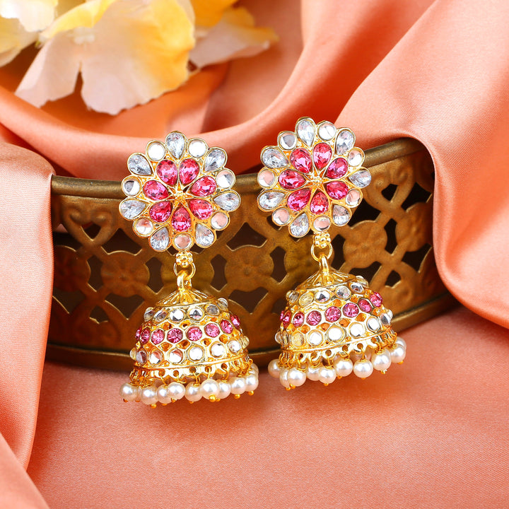 Estele Gold Plated Traditional Flower Designer Meenakari Jhumka Earrings With Pearls For Women