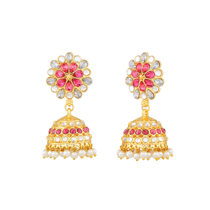 Estele Gold Plated Traditional Flower Designer Meenakari Jhumka Earrings With Pearls For Women