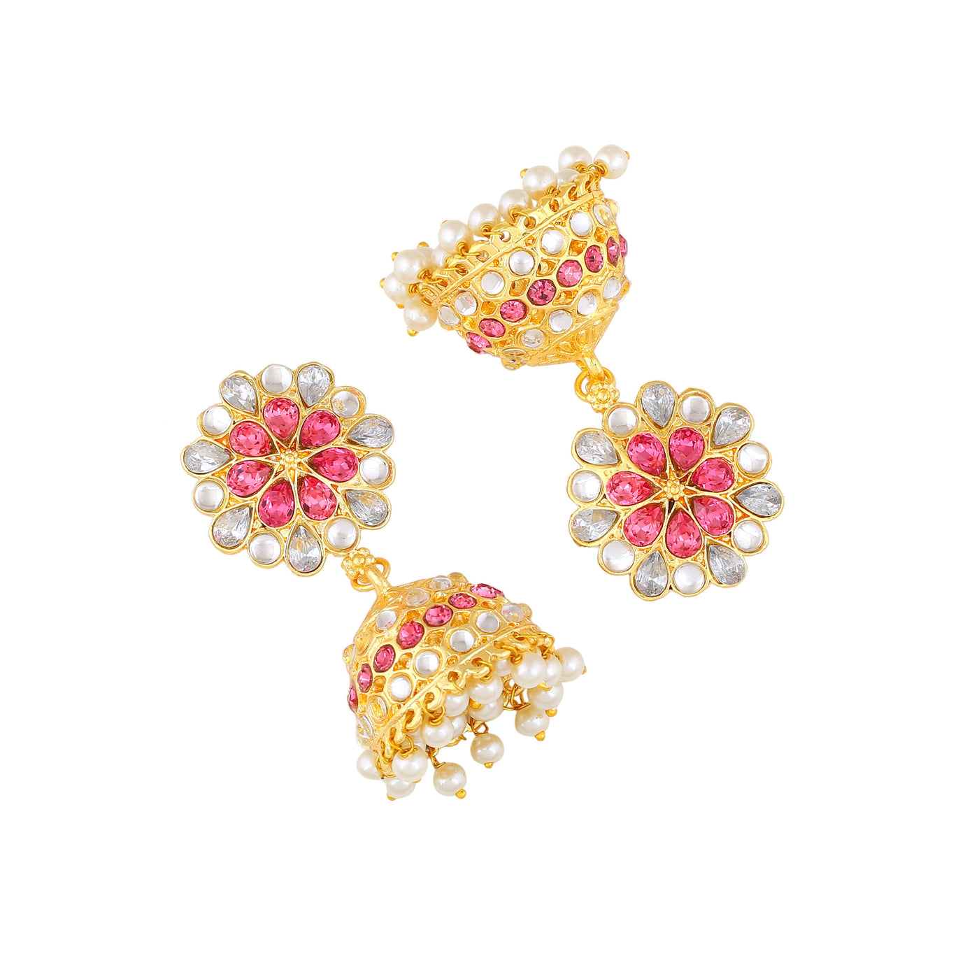 Estele Gold Plated Traditional Flower Designer Meenakari Jhumka Earrings With Pearls For Women