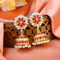 Estele Gold Plated Traditional Flower Designer Meenakari Jhumka Earrings With Pearls For Women