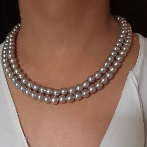 Estele Rhodium Plated- Purple Pearl Double Line Necklace for Women