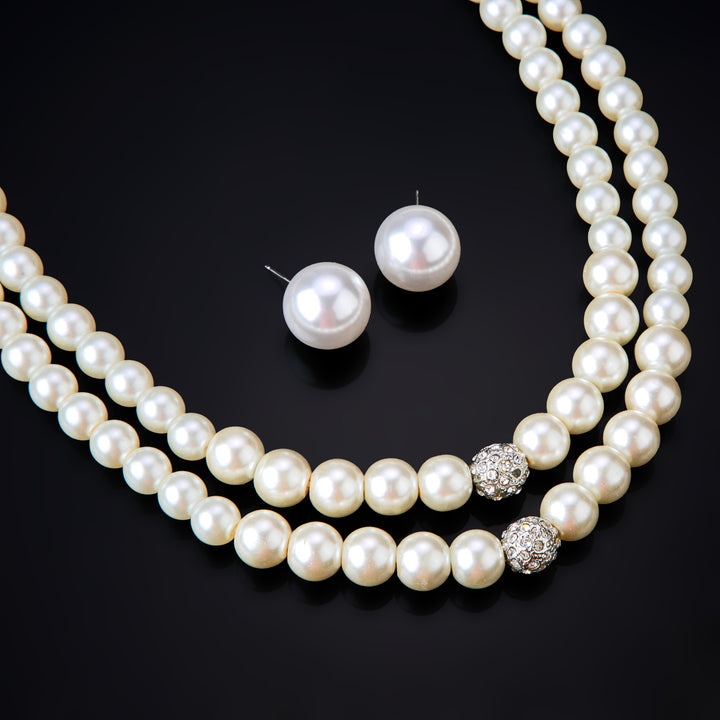 Estele Rhodium Plated Glittering Double Line Pearl Necklace Set for Women