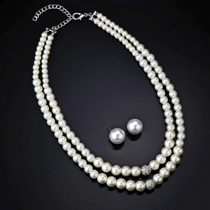 Estele Rhodium Plated Glittering Double Line Pearl Necklace Set for Women