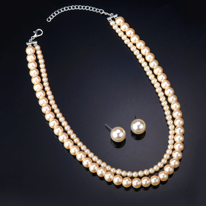 Estele Rhodium Plated Beautiful Double Line Pearl Necklace Set for Women