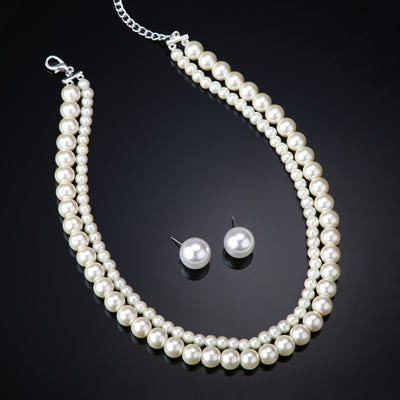 Estele Rhodium Plated Stunning Double Line Pearl Necklace Set for Women