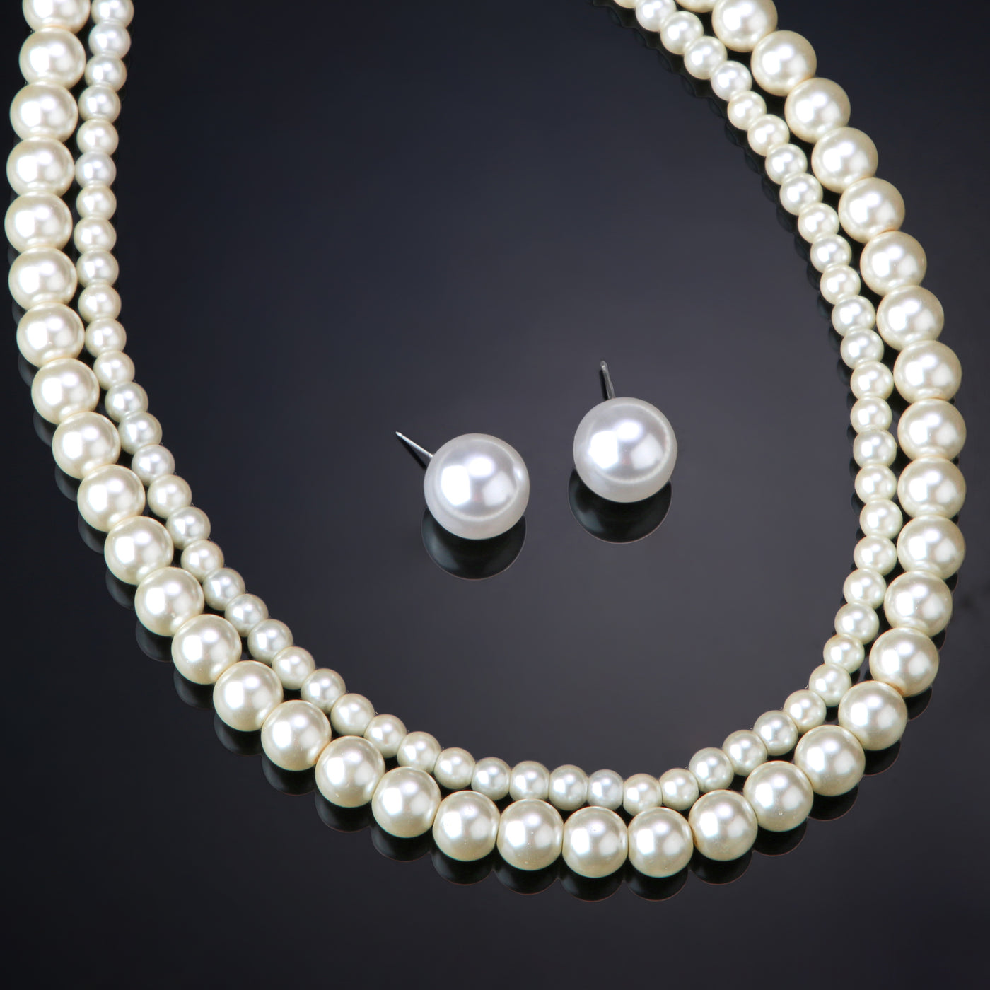 Estele Rhodium Plated Stunning Double Line Pearl Necklace Set for Women
