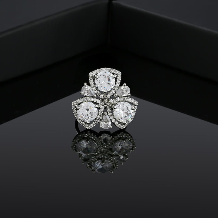 Estele Rhodium Plated CZ Adjustable Sparkling Floret Designer Finger Ring for Women