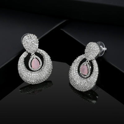Estele Rhodium Plated CZ Pear Cluster Earring for Women with Soft Pink Droplet
