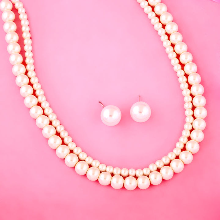 Estele Rhodium Plated Stunning Double Line Pearl Necklace Set for Women