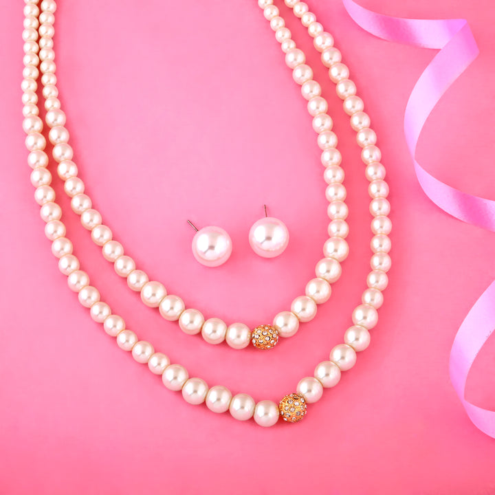 Estele Gold Plated Gorgeous Double Line Pearl Necklace Set for Women