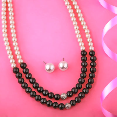 Estele Rhodium Plated Classic Double Line Pearl Necklace Set for Women