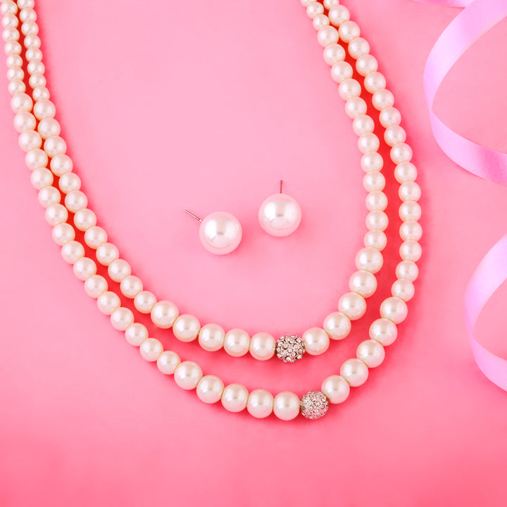 Estele Rhodium Plated Glittering Double Line Pearl Necklace Set for Women