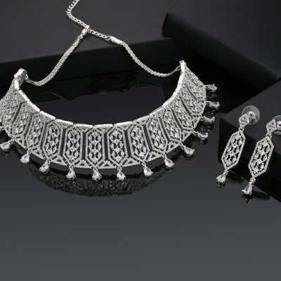 Estele Rhodium Plated Lavish Luxe Designer Choker Style Necklace Set for Women