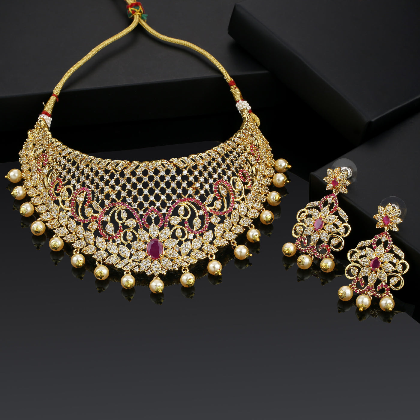Estele Gold Plated CZ Bridal Choker Necklace Set with Red Crystals & Pearls for Women