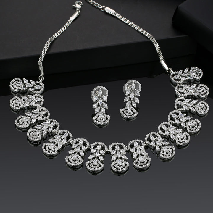 Estele Rhodium Plated CZ Marquise Melody Necklace Set for Women
