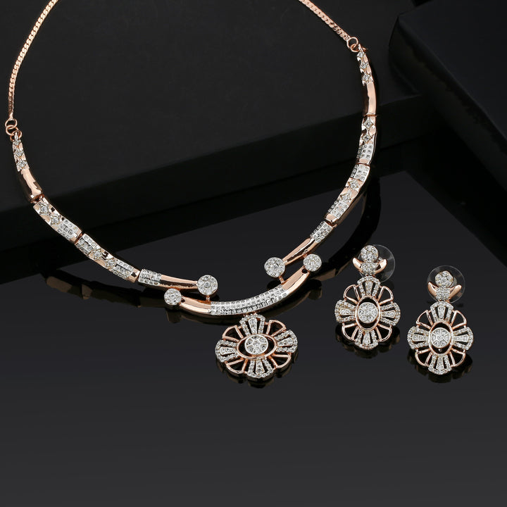 Estele Rose Gold Plated CZ Floral Designer Necklace Set for Women