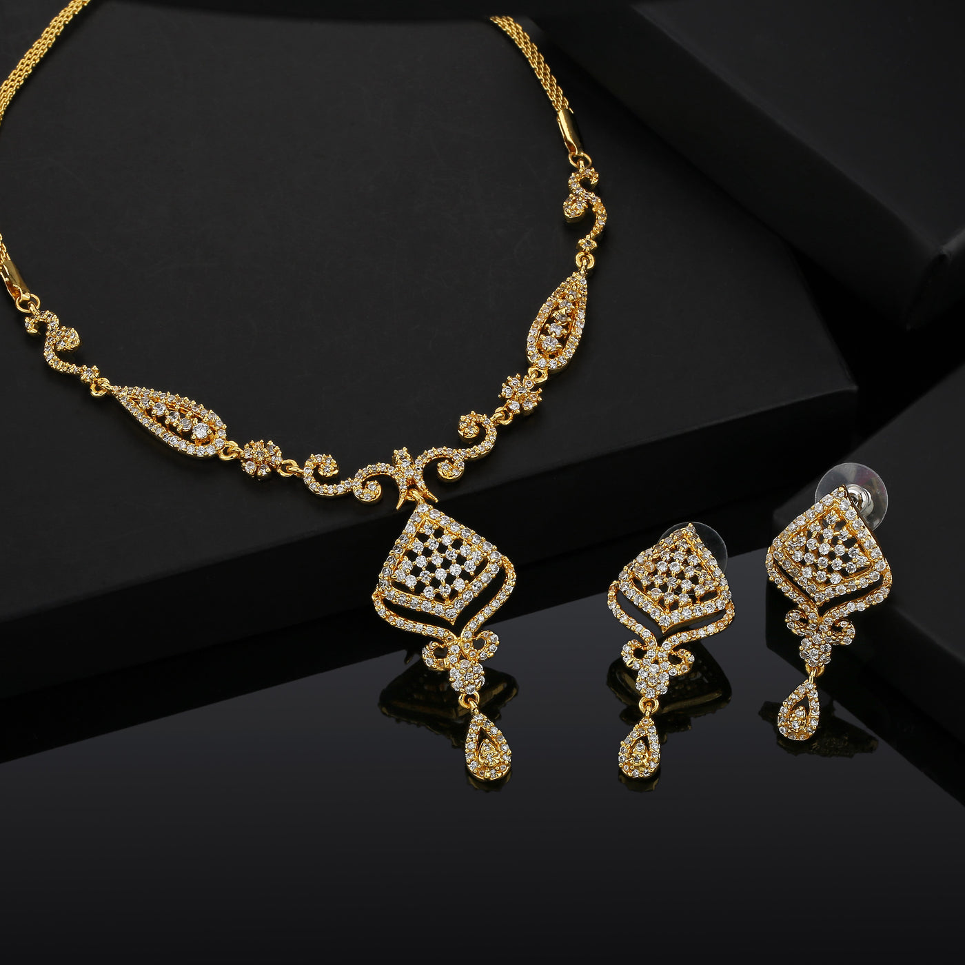 Estele 24 Kt Gold Plated Halo American Diamond Necklace Set for Women