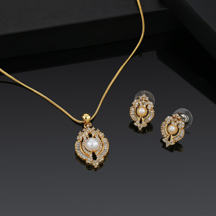 Estele Elegant pearl and American diamond fancy shaped Pendant Set for Women