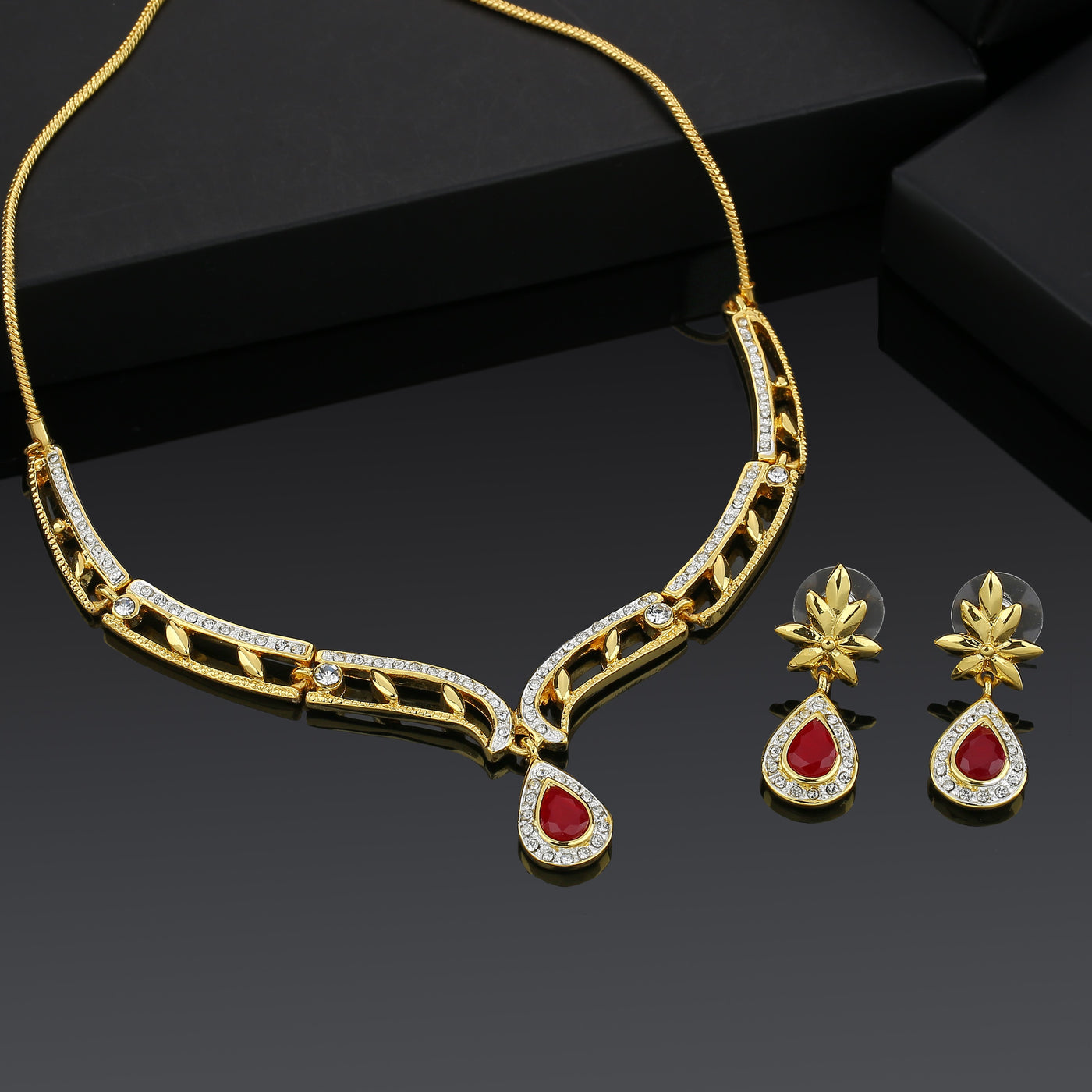 Estele 24 CT gold plated american diamond and ruby Necklace Set for Women