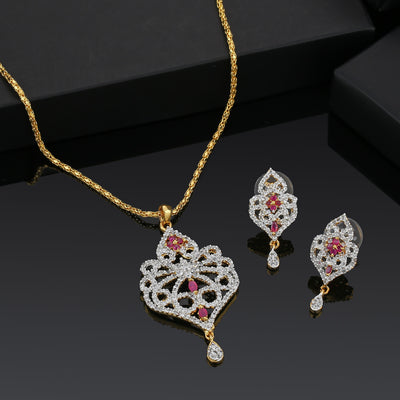 Estele Gold Plated Ruby and American Diamond Pendant Set for Women