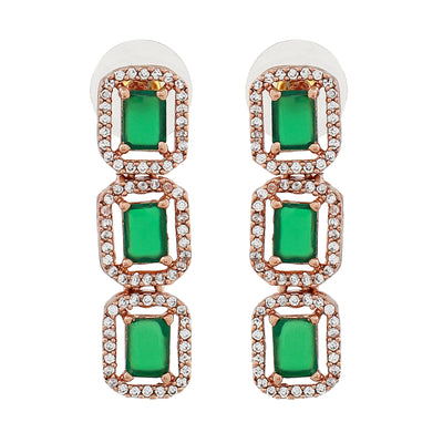 Estele Rose Gold Plated CZ Ossum Octagon Green/ Emerald Earrings for Women