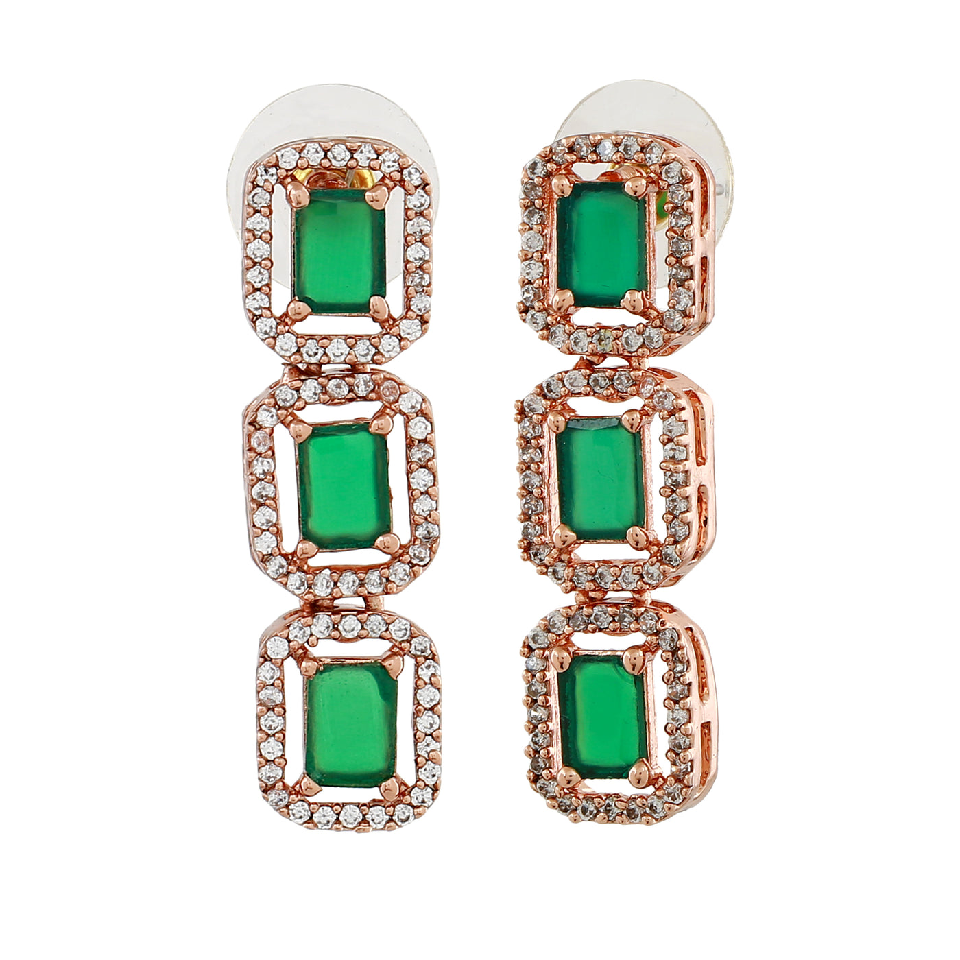 Estele Rose Gold Plated CZ Ossum Octagon Green/ Emerald Earrings for Women
