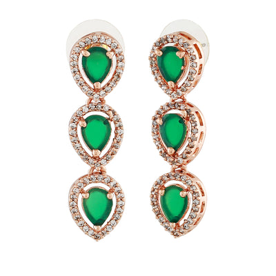 Estele Rose Gold Plated CZ Precious Pears Green/ Emerald Earrings for Women
