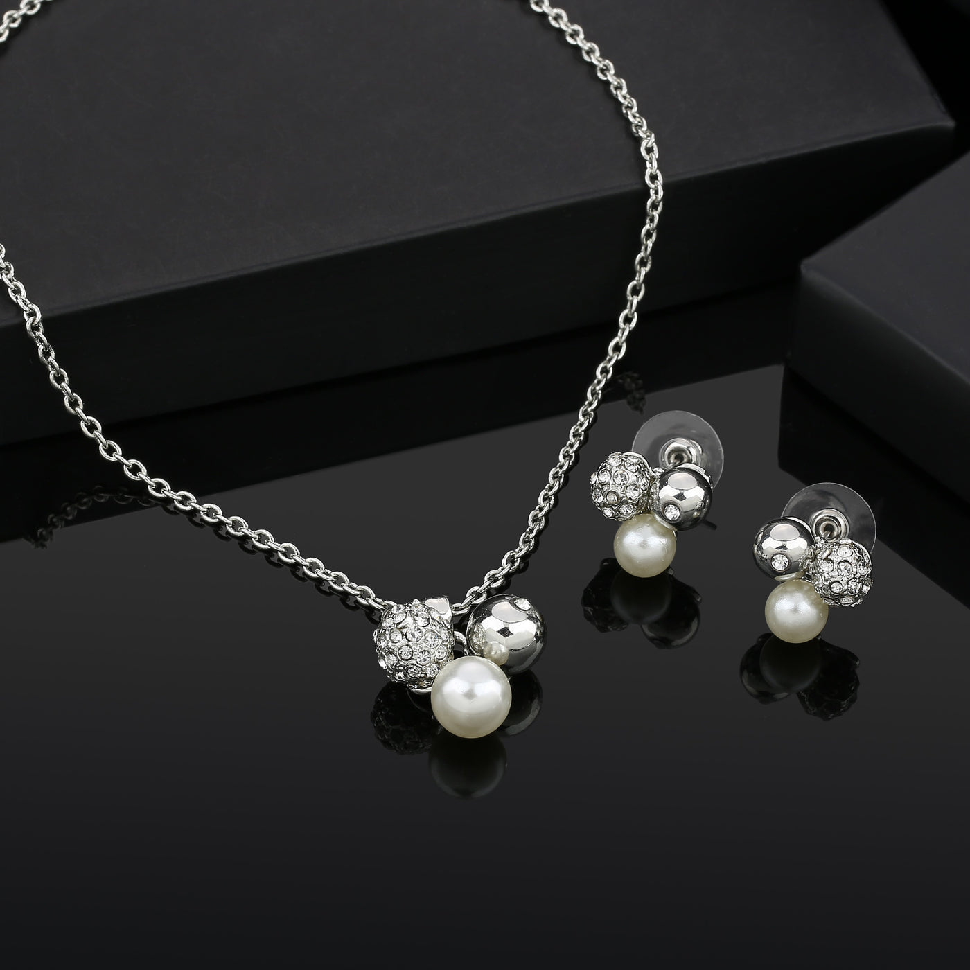 Estele rhodium plated crystal balls and pearl Pendant Set for Women