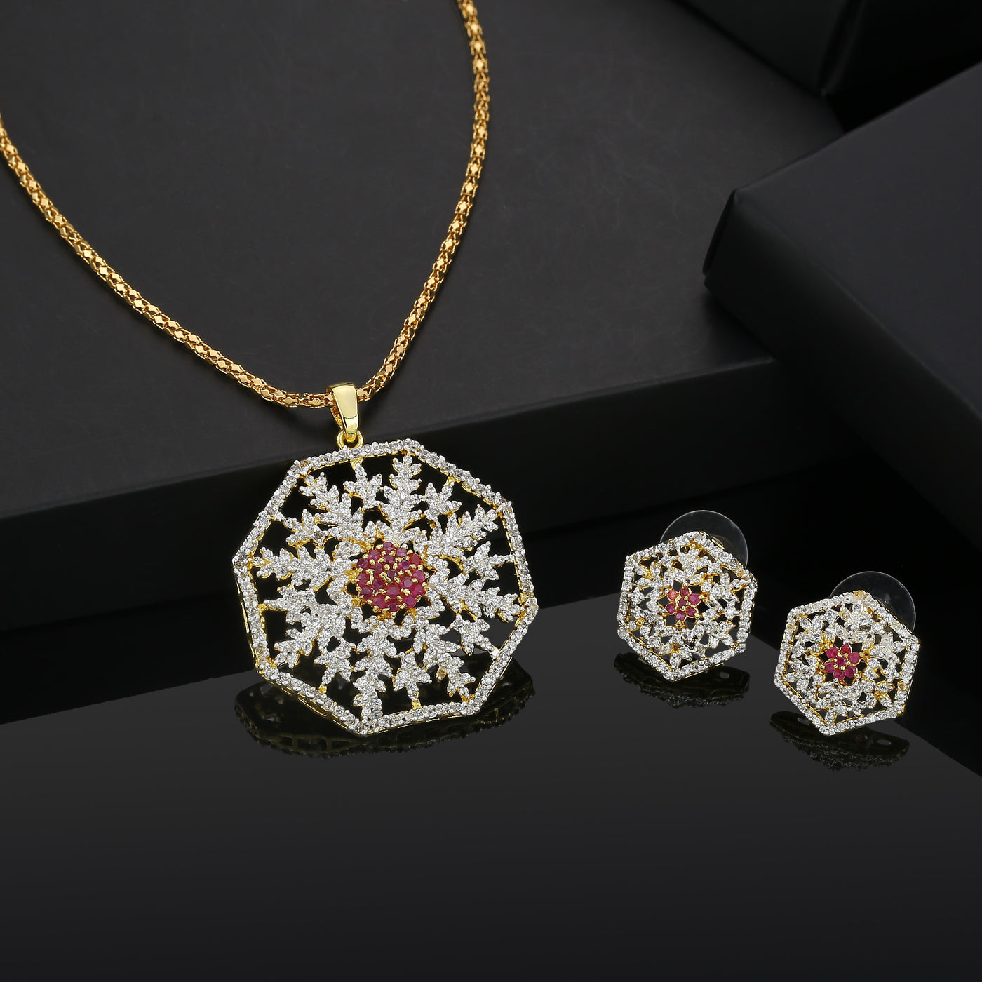 Estele - 24 KT gold plated pendant set with American Diamonds and Ruby Stones for Women